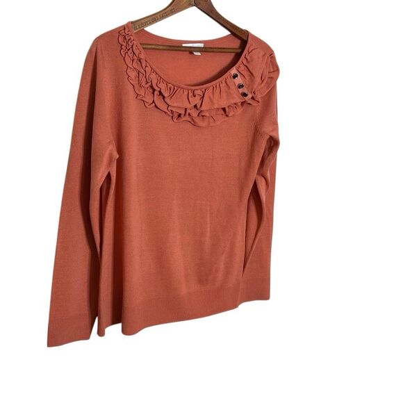 New York & Company Ruffle Neck Button Detail Long Sleeve Sweater Rust Size XL - Picture 4 of 10